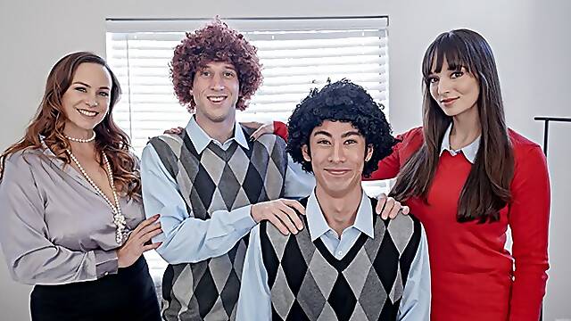 Mom Swap - Gorgeous Big Titted Milfs Help Their Spoiled Stepsons To Get Along With Each Other