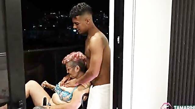 We found the white granny masturbating on the balcony