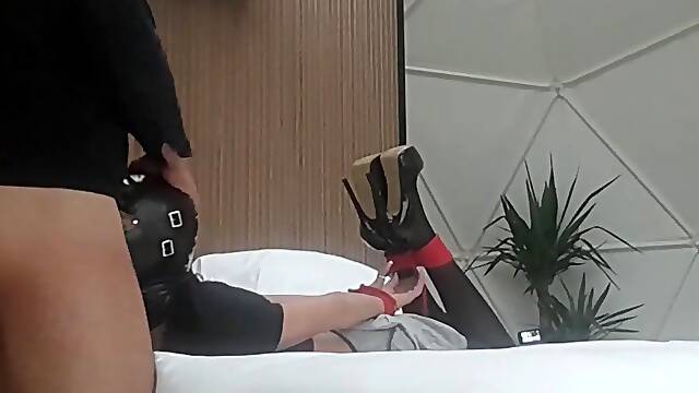 Mother I'd like to fuck in hose and high heels, fastened, blindfolded, gagged and banged in each gap