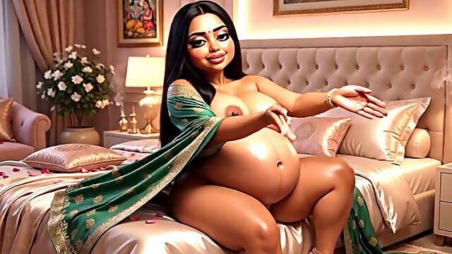 Curvy Pregnant Indian wife Has spunky hookup On Bed With Husband In Cozy Bedroom Late Tonight (AI generated)