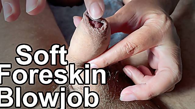 Sucking soft to hard uncut dick,  foreskin play. Stepmom like blowjob stepsons small cock cum eating cum in mouth