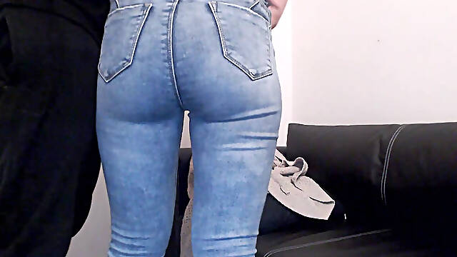 Grobbing amateur ass and fingering pussy in blue jeans