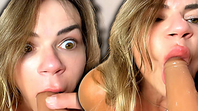 Statuesque Blonde Sucks Her Dildo After a Robe Striptease