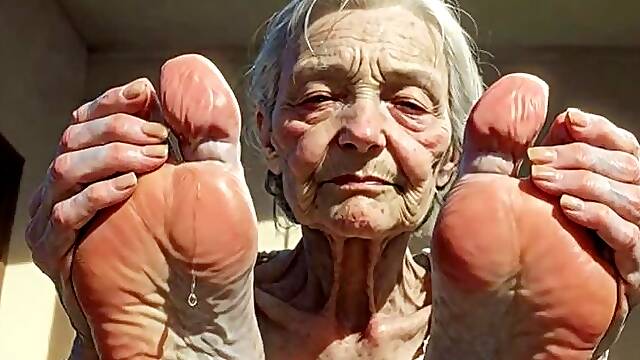 Elderly 93yo Granny Oiling & Massaging Her Lovely Feet & Nails