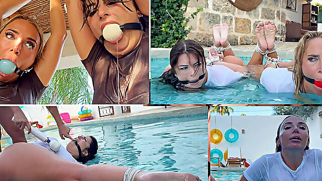Emma Reed and Ava Kayley Bound and Soaked. Lesbian Wet Catfight in a Water Bondage Battle